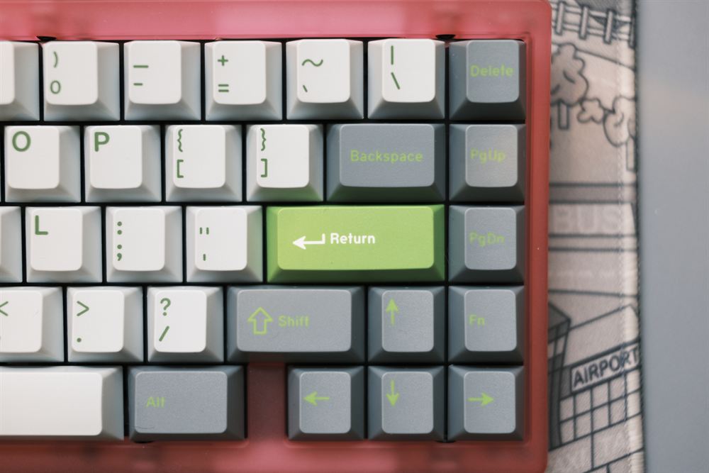Close-up of the lime Return key and right cluster