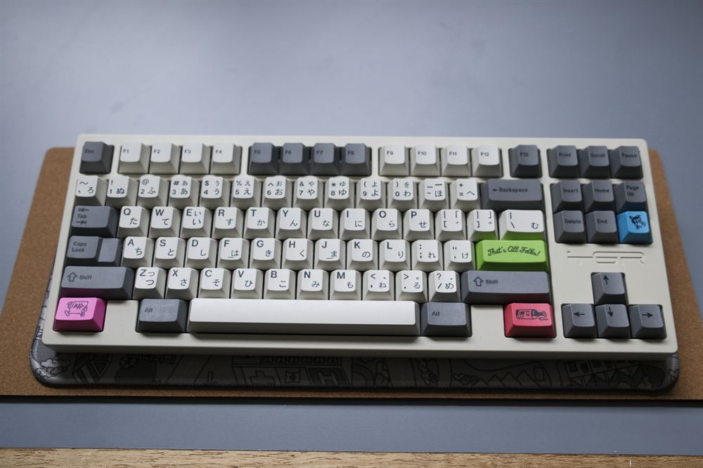 Top-down plan view of the TGR Rubrejane with GMK JS keycaps and novelties